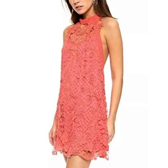 Free People Snowdrop Coral Lace Trapeze Mini Halter Dress Orange Women's Size S - Picture 2 of 10